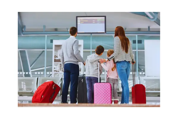 Família com malas no aeroporto, olhando atentamente para o painel de viagens, planejando seu próximo voo