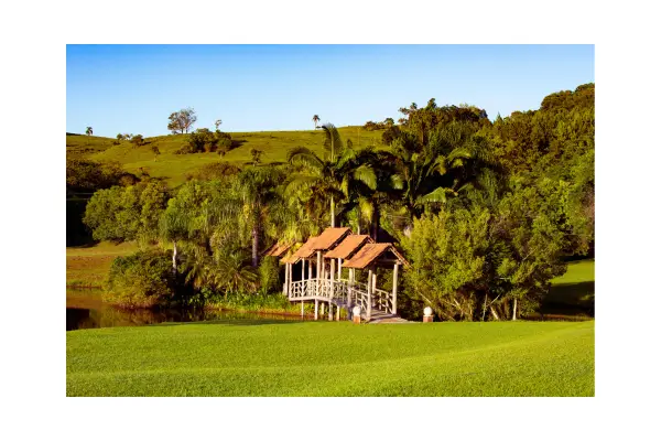 Imagem de um hotel fazenda com áreas verdes, animais e instalações de lazer, representando a escolha perfeita para descanso e diversão