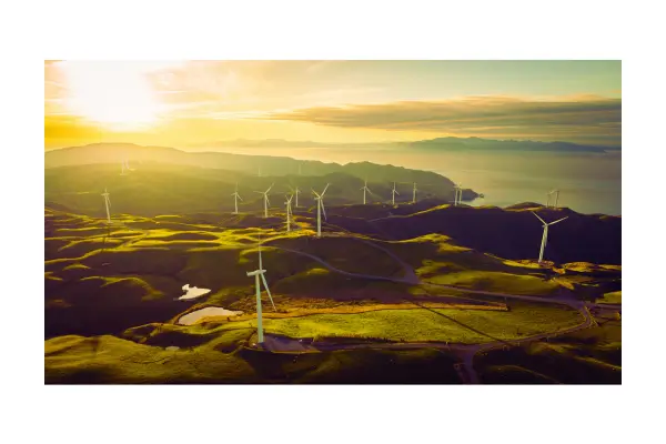 Turistas visitando destinos ecológicos com energia renovável, como painéis solares e turbinas eólicas, em paisagens naturais, promovendo viagens sustentáveis