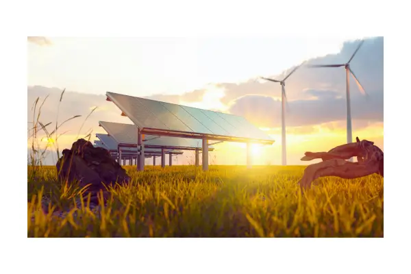 Turbinas eólicas e painéis solares em campo verde representando o uso de energia renovável e sustentáv