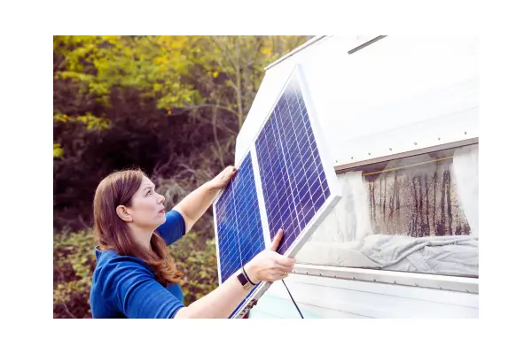 Pessoa instalando painéis solares no teto de um motorhome