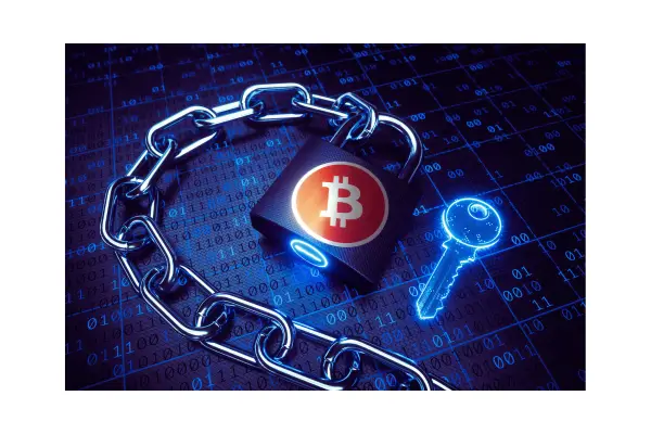 Ilustração digital com cadeado, bitcoin e passaporte representando proteção de criptomoedas em viagens