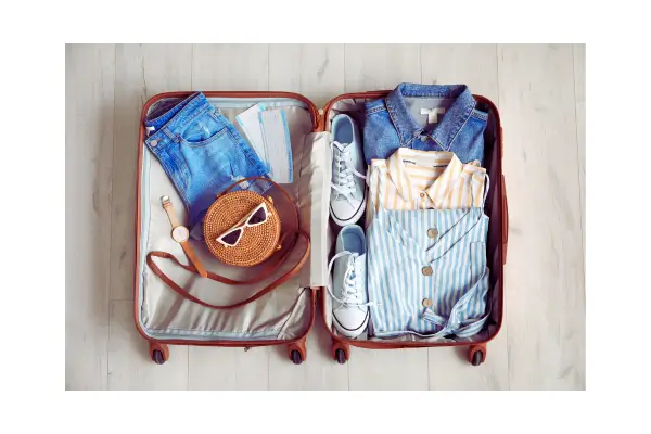 Mala de mão aberta com roupas e acessórios organizados para uma viagem de final de semana