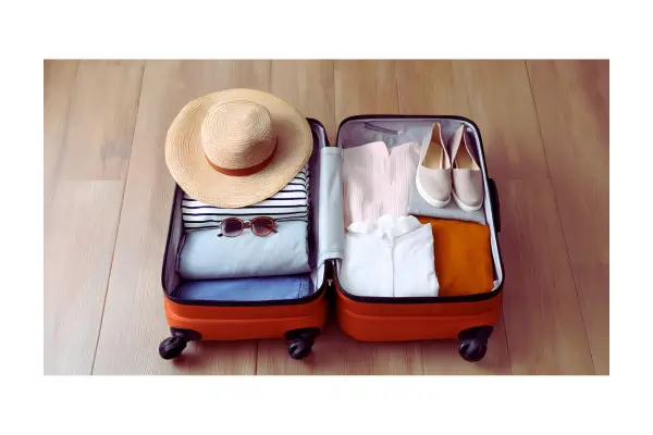 Mochila de viagem aberta com tênis confortáveis, roupas leves, trajes de praia e acessórios práticos essenciais para Miami e Orlando