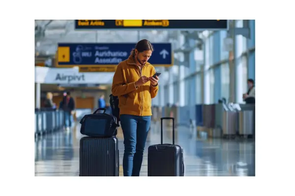 Viajante acompanhando notificações do cartão de crédito na viagem pelo celular