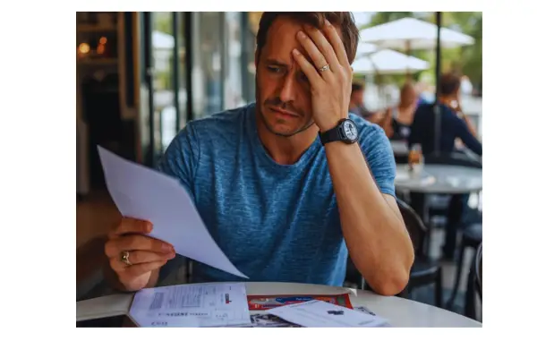 Viajante analisando comprovante e identificando erros no cartão de crédito durante a viagem