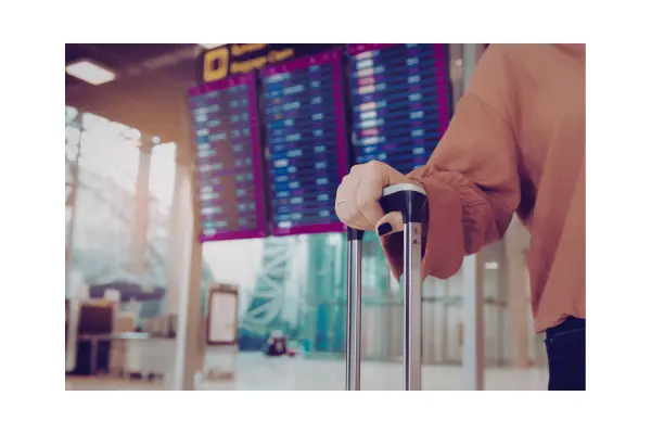 Pessoa no aeroporto refletindo se dólar alto viajar vale a pena