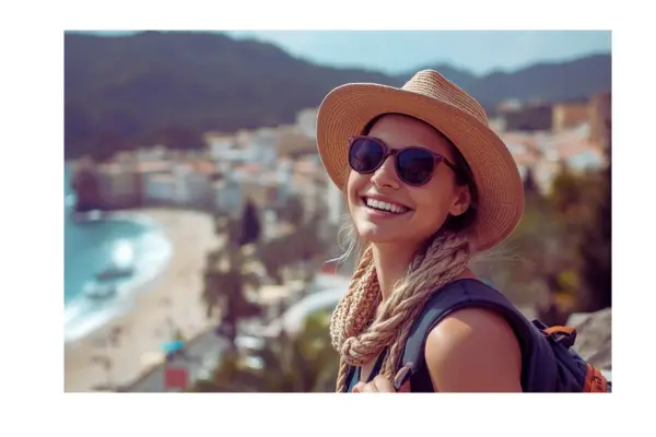 Viajante aproveitando destino internacional após planejamento financeiro