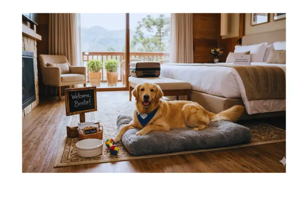 cachorro em hotel pet friendly durante viagem