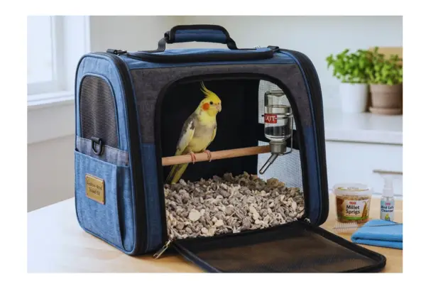kit de viagem para calopsita com bebedouro e forração