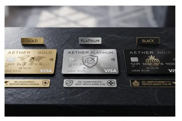 Cartões de crédito de níveis Gold, Platinum e Black representando as diferentes coberturas de seguro viagem