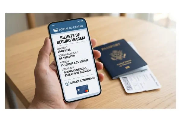 Celular exibindo o bilhete de seguro viagem emitido no site da bandeira do cartão de crédito