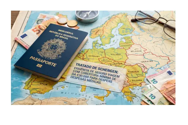 Passaporte sobre mapa da Europa ilustrando a exigência de 30 mil euros de cobertura do Tratado de Schengen