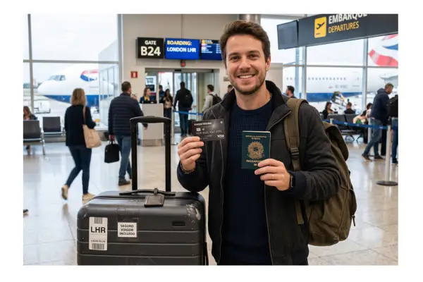 Viajante segurando cartão de crédito ao lado de passaporte e mala, representando o seguro viagem incluído no cartão