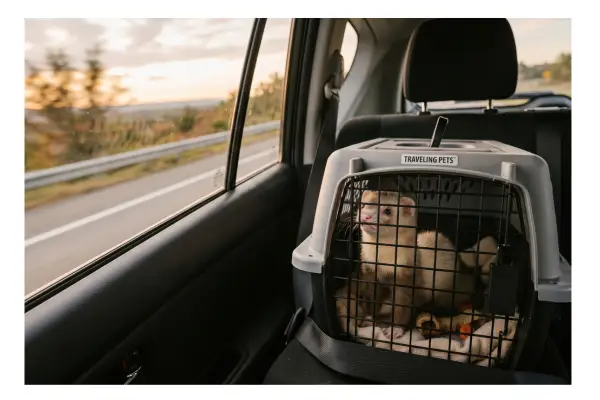 furão de estimação em caixa de transporte no banco do carro durante viagem