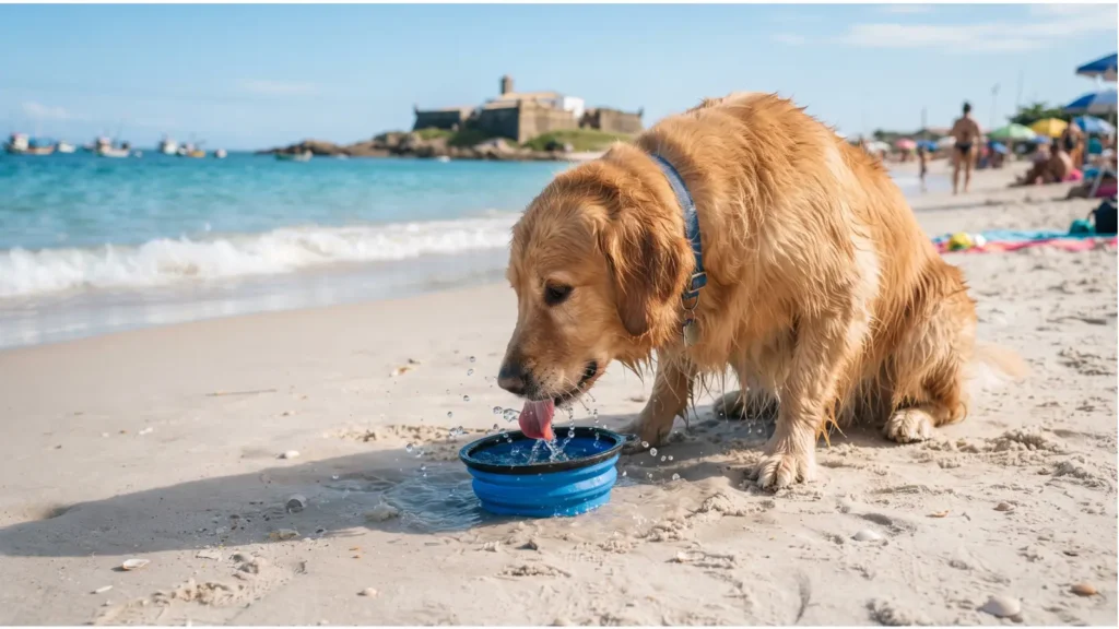 Cachorro bebendo água em um potinho na praia em dia de sol