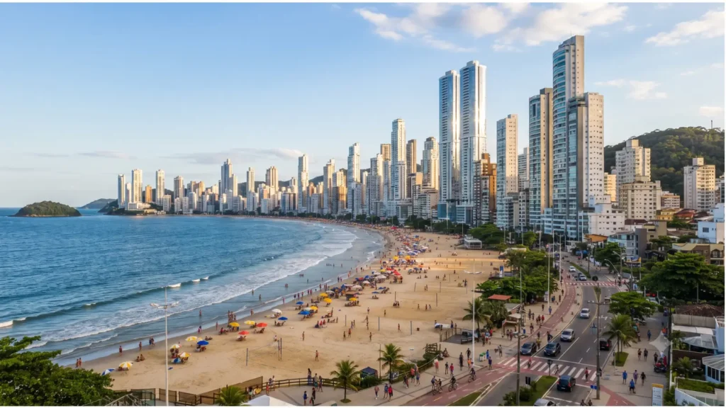 Praia de Balneário Camboriú cheia no verão, com prédios ao fundo, durante as férias de janeiro
