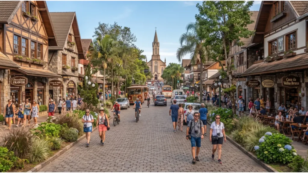 Rua florida de Gramado na serra gaúcha, com clima ameno no verão