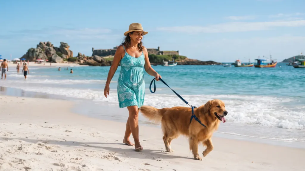 Tutor passeando com o cachorro na guia em uma praia que aceita pets