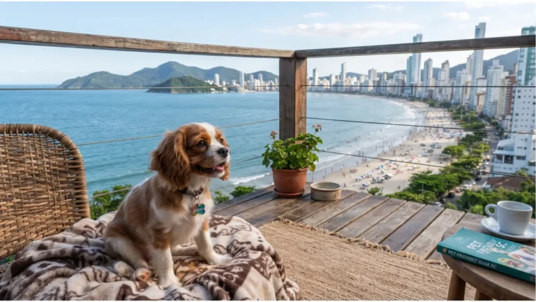 pousadas que aceitam pet em Balneário Camboriú: cachorro na varanda com vista para o mar