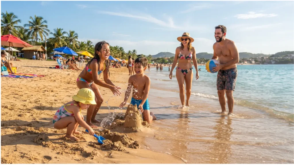 crianças brincando na beira da praia durante as férias de janeiro em família