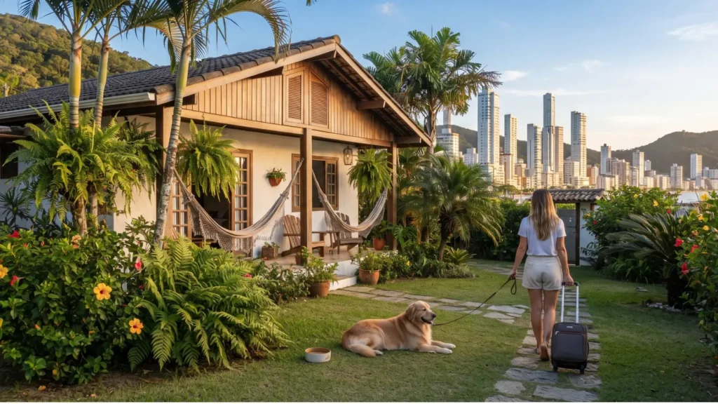 fachada de pousada que aceita pet em Balneário Camboriú com jardim