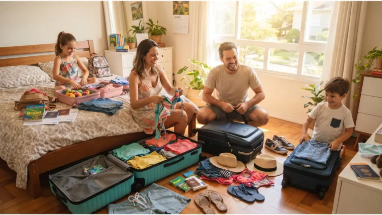 família arrumando a mala para as férias de janeiro em um quarto ensolarado