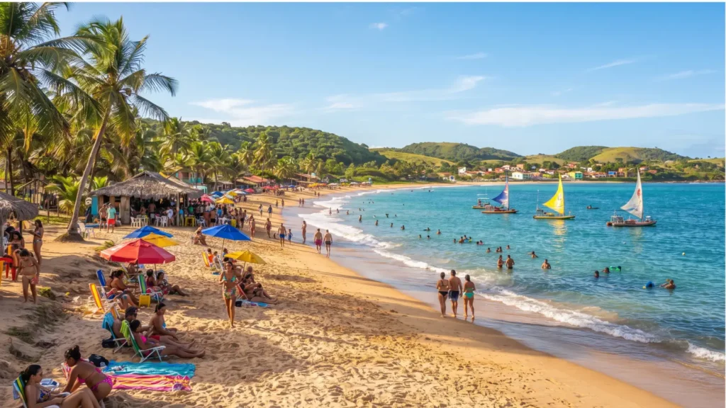 praia tropical cheia de sol e mar azul durante as férias de janeiro no Nordeste
