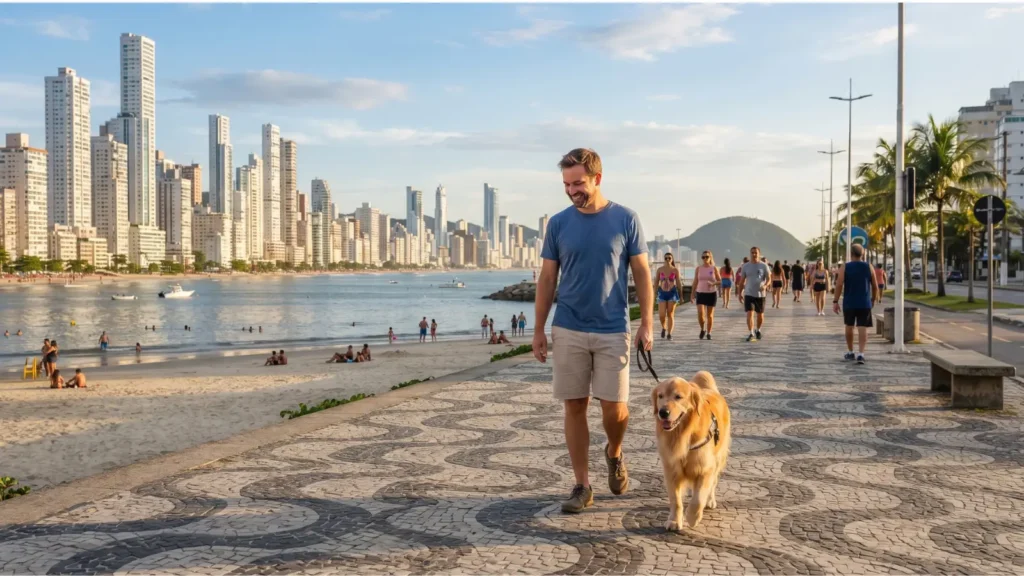 tutor passeando com cachorro na orla de Balneário Camboriú