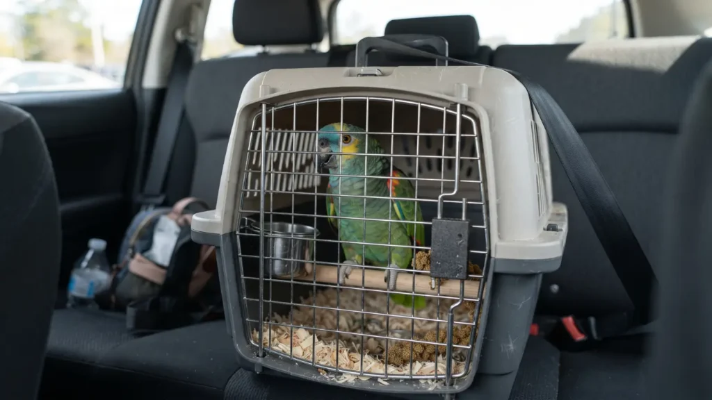 viajar com papagaio de carro com segurança na caixa de transporte
